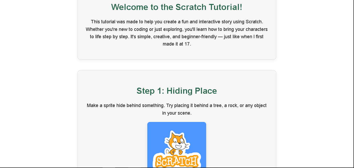 Screenshot of the Scratch tutorial website showing a welcome message and Step 1.